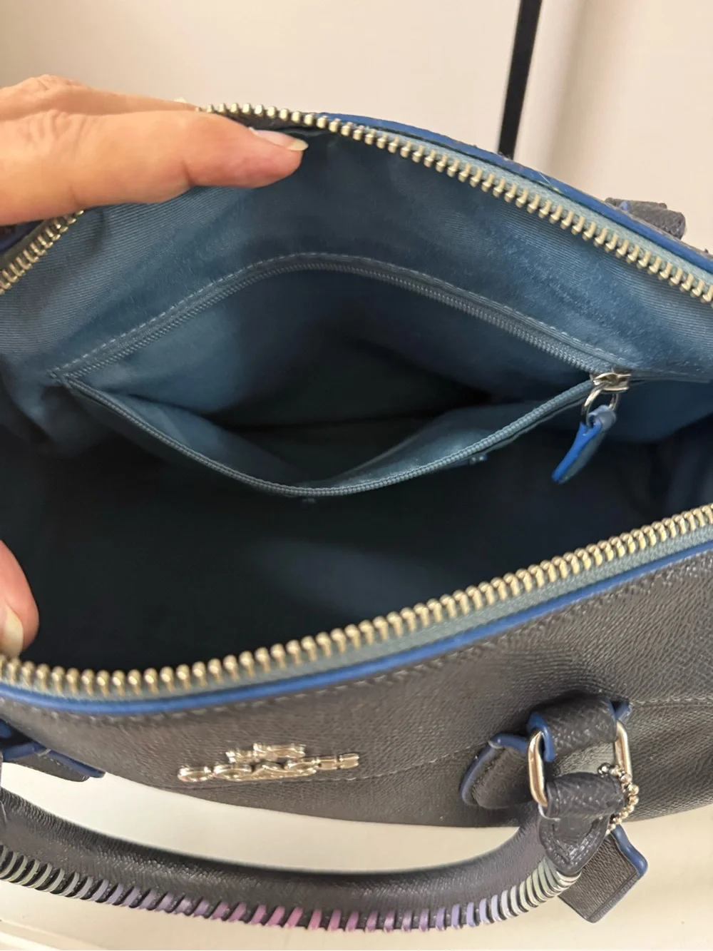 Coach Navy Pebbled Leather Satchel with whipstitch Top Handles!
